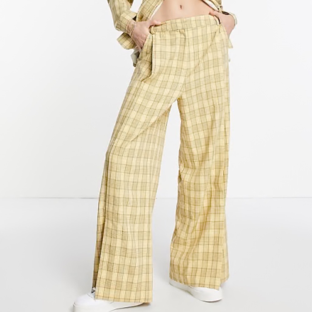 Topshop Yellow Plaid Wide-Leg Pants Size 4